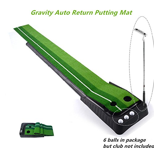 Locisne Entraînement Putter Tige Poussoir Set retour Golf d'intérieur automatique Hazard Mat Putt,Mini Entraînement Golf formateur Putting Green avec Return Plateau-11.81 "*118.11"+6 balles de golf