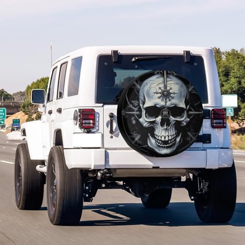 Image of Delerain Spare Tire Cover with Backup Camera Hole Skull and Compass Wheel Covers Waterproof Dust-Proof UV Sun Universal Fit for RV Trailer RV SUV Truck (18 Inch for Diameter 32 inch-34 inch)