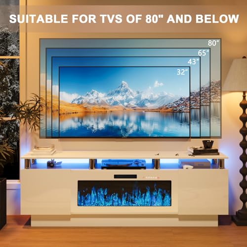 PRETZI Fireplace TV Stand with 36" White Fireplace, 2 Tier 70" LED Entertainment Center with Fireplace for TVs Up to 80", Modern Wood TV Media with Storage Cabinets, White + Gold Posts with Fireplace