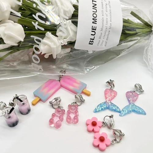 30 Pairs Weird Cute Funny Fun Dangle (or Clip on) Earrings set for Women Unique Bear Duck Mushroom Fruit Flowers Food Animal Drop Dangle Aesthetic Earrings Gifts for Women3