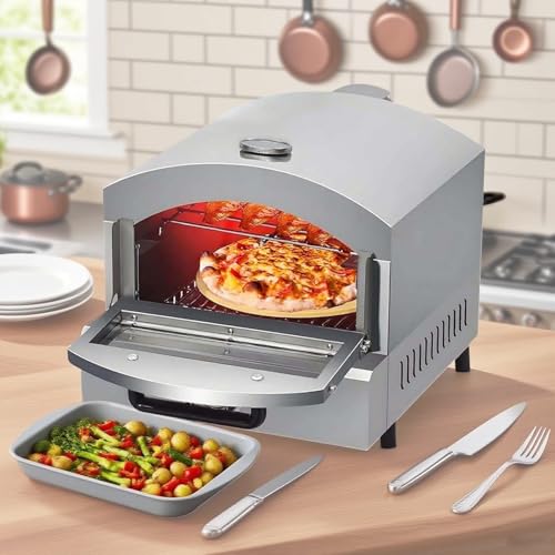 Countertop Electric Gas Pizza Oven, Stainless Steel Pizza Maker with Thermometer, Portable Electric/Gas Oven for Parties and Cooking, Easy to Use