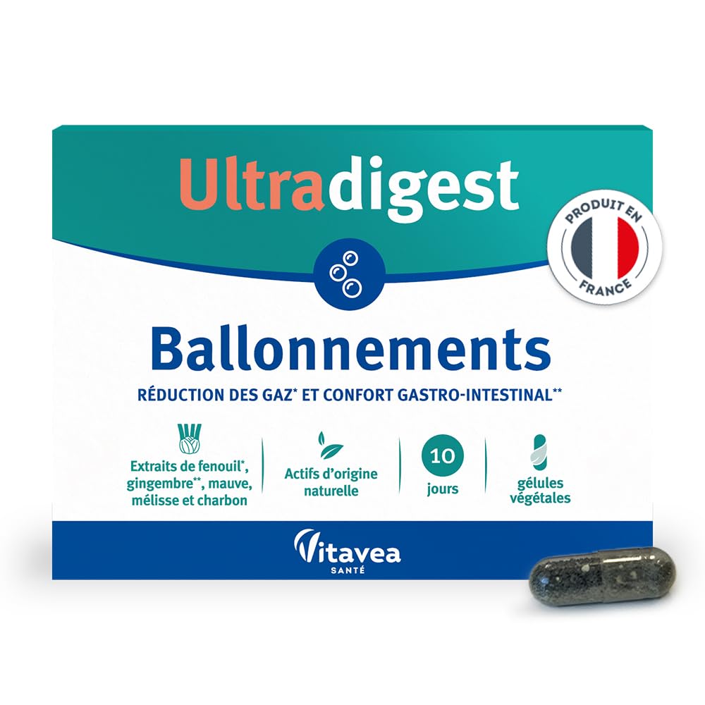 Ultradigest Ballonnements - Confort gastro-​intestinal - Charbon, Mauve, Fenouil, Mélisse, Gingembre - Facilite la digestion - 30 gélules végétales - 10 jours - Fabriqué en France - Vitavea