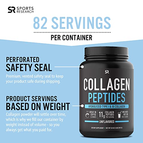 Sports Research Collagen Peptides - Hydrolyzed Type 1 & 3 Collagen Powder Protein Supplement For Healthy Skin, Nails, Bones & Joints - Easy Mixing Vital Nutrients & Proteins, Collagen For Women & Men #TOP6
