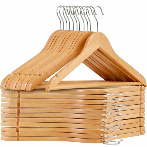 Image of WHISKET | Premium Wooden Hangers - Wood Hanger with 360-Degree Rotatable Hook - Clothes Hangers with Non-Slip Shoulder Notches for Shirts & Coats. (Beige) [Pack of 24]