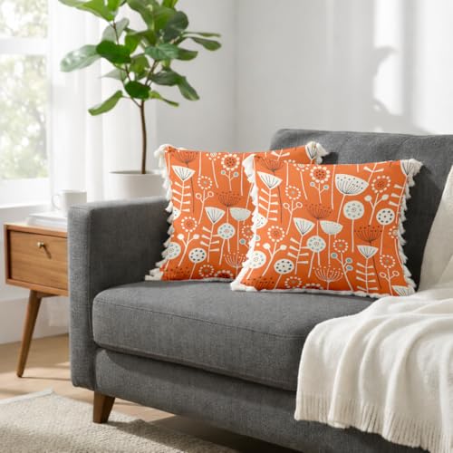 Image of STITCHNEST 'Little Meadow Series' Tassled Cushion Cover | Set of 2 | Floral Cushion Cover 24 inch x 24 inch