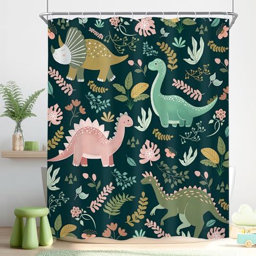 Riyidecor Kids Funny Dinosaur Shower Curtain 60Wx72H Inch Cute Dino Cartoon Animal Dark Green Pink Tropical Leaf Flower Plants Botanical Boys Bathroom Decor Fabric Polyester Waterproof 12 Pack Hooks