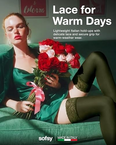 Image of sofsy 100% OEKO-TEX Certified - Italian Women's Opaque Thigh High Stockings | Ultra Soft Dual Silicone Lace Top Stay Ups