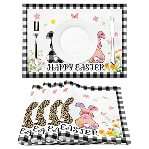 Easter Placemats Set Of 4, Bunny Flower Black White Buffalo Plaid Spring Summer Non Slip Heat Resistant Linen Cloth Place Mats, Washable Holiday Party Dining Table Mat For Farmhouse Home Kitchen Decor #TOP1
