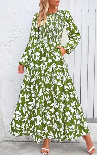 Image of PRETTYGARDEN Women's Fall Dresses 2026 Long Sleeve Flowy Casual Floral Maxi Dress Crew Neck Smocked Tiered Long Dress