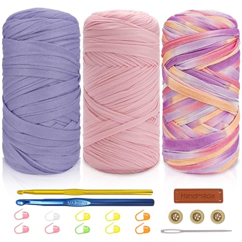 Tshirt Yarn Crochet Kit 3x200g Chunky Yarn for Crocheting with 6mm & 10mm Hooks + Accessories Rich Color Combinations - Suitable for Beginners Ideal for Making Bags Home DecorPurple-3
