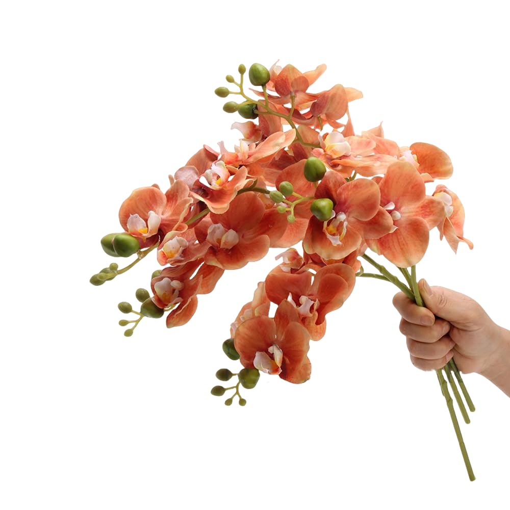 Tongman Orange Color 18" Artificial Silk Phalaenopsis Flowers 2 Bundles Artificial Orchid Flowers Stem Plants In White Fake Butterfly Phalaenopsis Flowers For Home Wedding Party Décor (Orange Color)