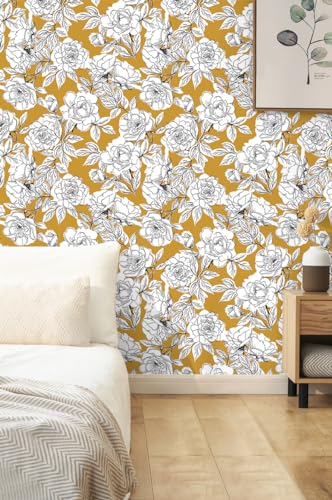 HAOKHOME Floral Wallpaper Peel and Stick Boho Removable Wall Paper Yellow/Black/White Vinyl Stick on Home Decorative for Bathroom 17.7in x 118in HAOKHOME Floral Wallpaper Peel and Stick Boho Removable Wall Paper Yellow/Black/White Vinyl Stick on Home Decorative for Bathroom 17.7in x 118in