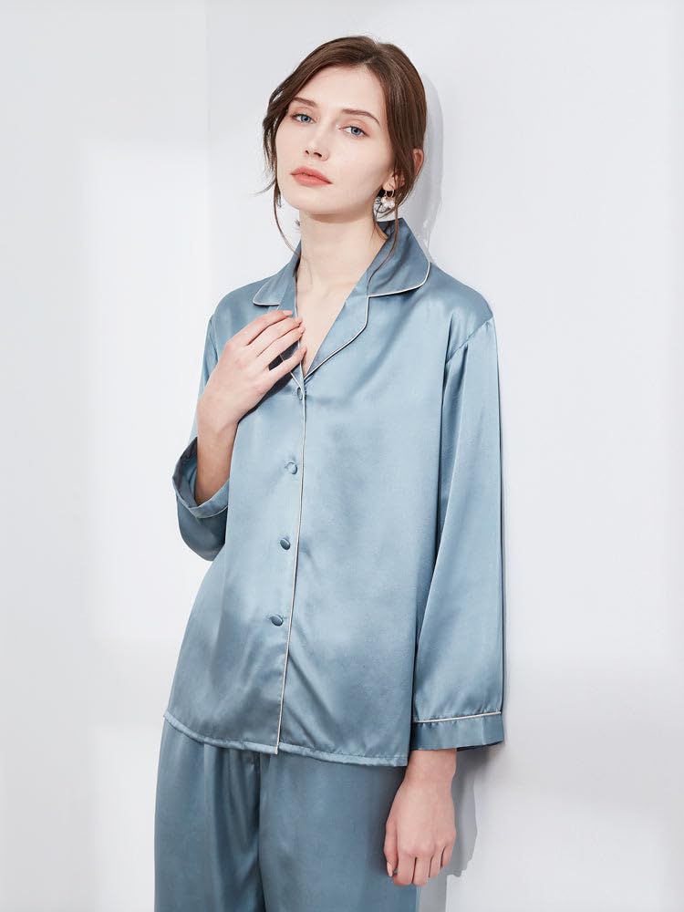 Ginell Tranquility Series - Conjunto de pijama de seda para mujer, 100 % seda de morera, colores lisos, botones frontales, conjunto de pijama de 2 piezas