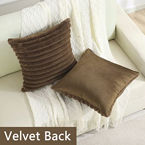 FUTEI Tan Striped Decorative Throw Pillow Covers 26x26 Inch Set of 2,Square Winter Decorations Couch Euro Pillow Shams,Soft Cozy Faux Rabbit Fur & Velvet Back,Modern Home Decor for Bed