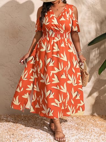 Image of Floerns Women's Plus Size Cold Shoulder Tropical Print V Neck Flared A Line Long Dress
