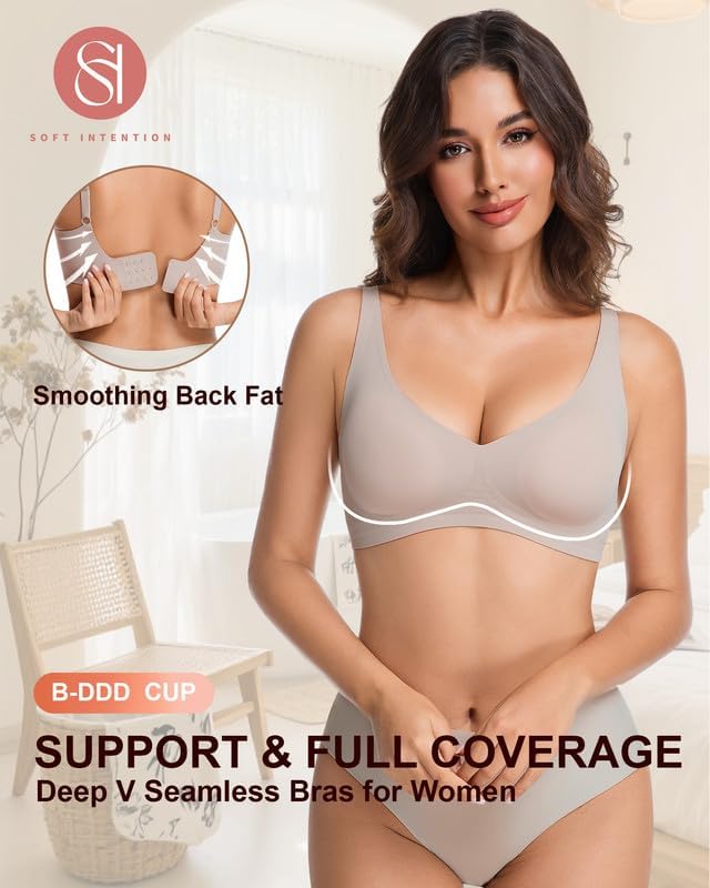 Soft Intention Jelly Wireless Bra, Minimizer Bras for Women Deep V Bra, No Underwire Seamless Full Coverage