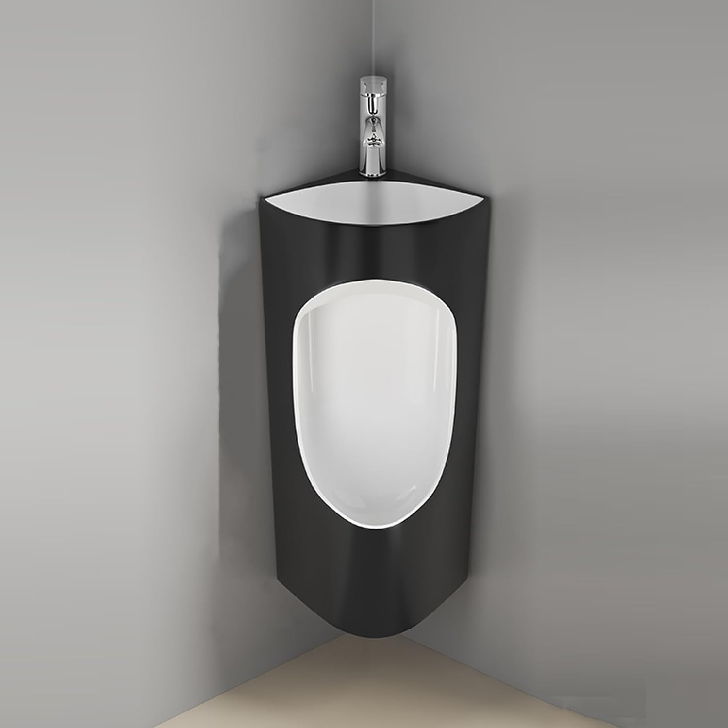 Corner Ceramic urinals with Wash Basin and Faucet,Wall Mounted Urinals for Men Spill Proof Nighttime,for Bathroom Commercial Hotel Garage Bar，Outdoor(White+Black)