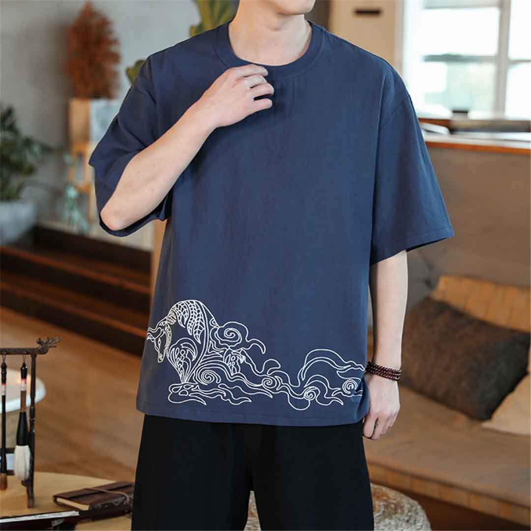 Camicetta in cotone allentato stile orientale magliette da uomo alla moda streetwear alla moda moda