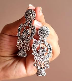 Harishree Enterprise German Oxidise Silver Radha Krishna Jhumkas with Round Stud & Ghungroo Drops Price In India
