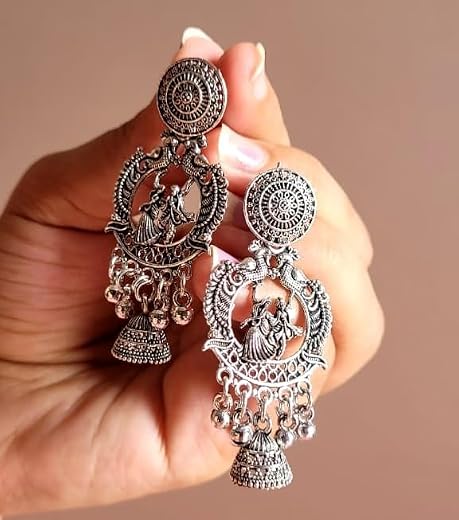 Harishree Enterprise German Oxidise Silver Radha Krishna Jhumkas with Round Stud &amp; Ghungroo Drops