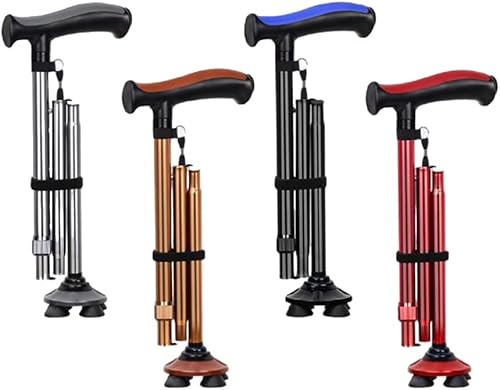 Miniatura 2 de Bastón plegable con luz LED, altura ajustable, bastón ligero para ancianos, para hombres y mujeres, base cuádruple giratoria (color rojo)