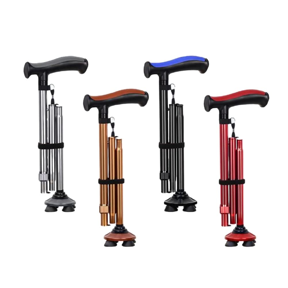 Bastón Plegable con Luz LED, Regulable en Altura, Bastón Cuádruple Ligero para Hombres y Mujeres (Color : Plata)