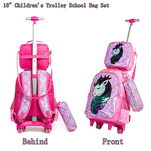 Egchescebo School Kids Rolling Backpack For Girls And Boys With Wheels Trolley Wheeled Backpacks For Girls Travel Bags 3Pcs Girls And Boys Backpack With Lunch Box Rose Red #TOP2