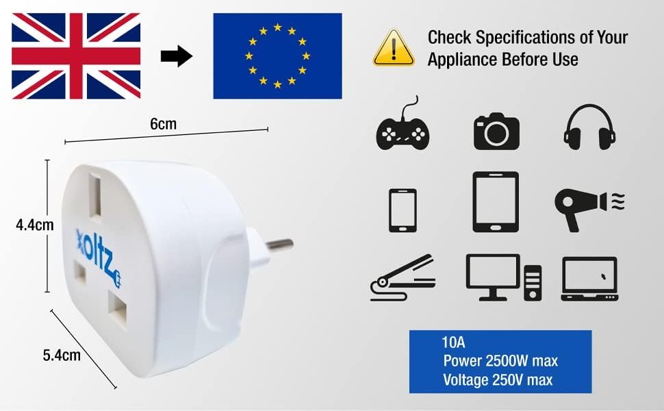 Xoltz UK to European Plug Adapter - 1 Pack Travel Socket Converter Adaptor to EU Euro Europe Countries Including Germany, France, Italy, Portugal, Spain, Turkey Including Brazil, Type C E F