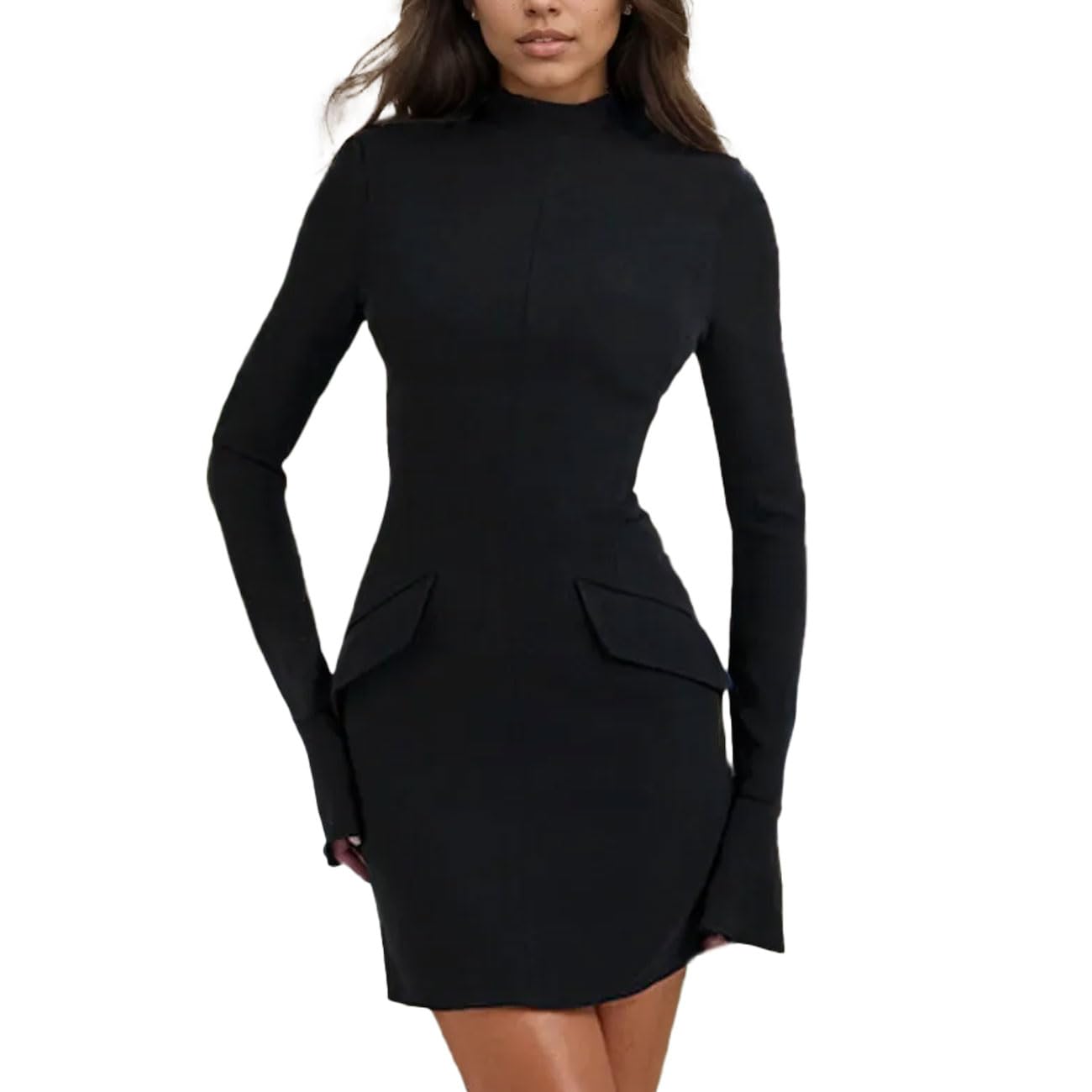 Mujer Twisted Wrap MiniVestido, Cocktail Ruffle Vestidos con Cintura Elástica, Slim Fit Bodycon Vestido con Cuello Redondo, Casual Vestidos para Clubbing Fiesta Cocktail Cumpleaños, Negro, S-L