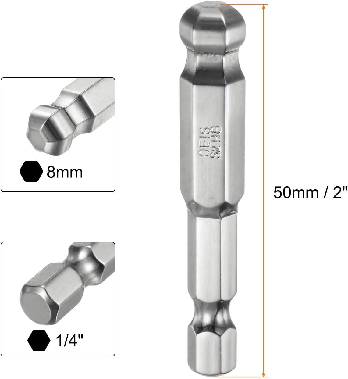 2pcs Ball End Hex Screwdriver Bit Set 8mm (H8.0) Size 1/4" Hex Shank 50mm (2") Long Magnetic Ball Head Bits S2 Steel Metric Screw Driver Bit