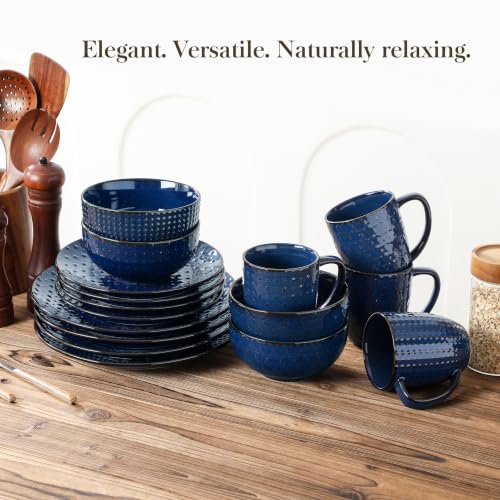 Image of MALACASA 16 Pieces Dinnerware Sets, Farmhouse Plates and Bowls Sets, Embossed Blue Dish Set for 4, Vintage Relief Ceramic Dish Set with Mugs, Microwave and Dishwasher Safe, Series LYDIA
