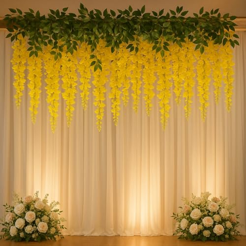 Image of Tia Crafts Polyester Artificial Hanging Flowers For Ceiling Balcony | Wisteria Vine | Home Party Decor Garden Outdoor Greenery Office Wall Decoration | Waterproof Washable - 3.7Ft /45 Inch (Yellow, 6)