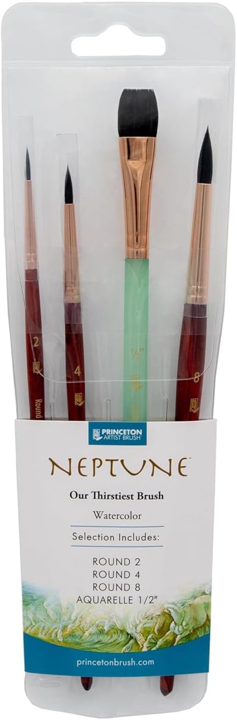 Princeton Neptune Watercolor Paint Brush Set, 4-Piece Professional Synthetic Brushes with Short Handles, Ultra-Soft & High-Absorbency Bristles for Watercolor & Fluid Media Painting