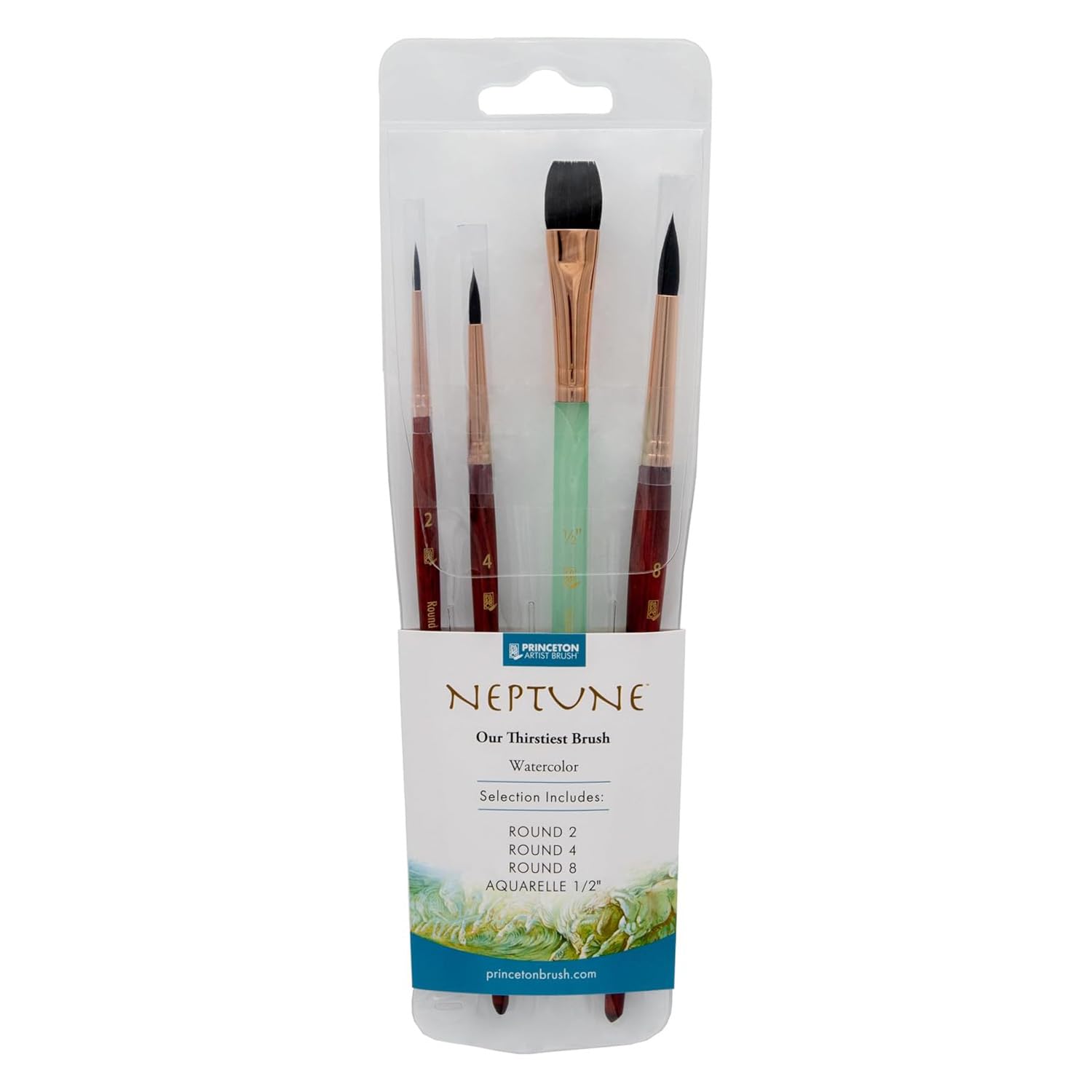Princeton Neptune P4750HSET - Juego profesional de pinceles para acuarela, cerdas sintéticas, mango corto, madera oscura, paquete de 4, 1 unidad, P4750HSET