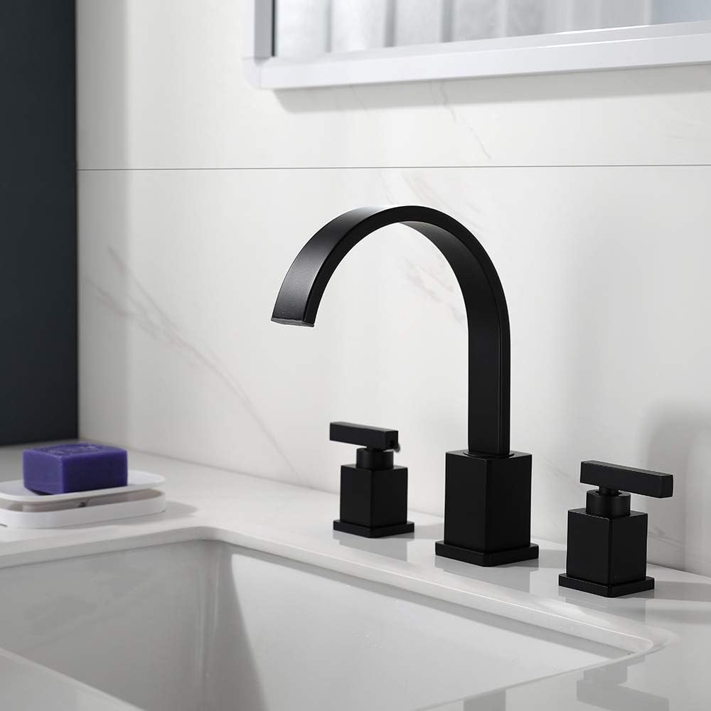 TOP оƒƒERS WorbWay Bathroom Faucet Matte Black,2 Lever Handle 8 inch Widespread Bathroom Sink Faucet with Pop-Up Drain (Matte Black)