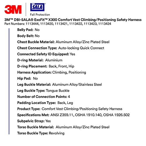 Image of 3M 1113423 DBI-SALA ExoFit X300 Comfort Vest Climbing /Positioning Safety Harness, General Industry Fall Protection, Back, Front, and Hip D-Rings, Tongue Leg Buckle, Auto Lock Quick Connect Chest, XL