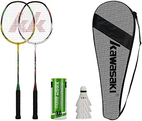Badminton Rackets Set of 2 for Training, Sport, Including 2 Kawasaki Badminton Racket, 3 Badminton Birdies Feather,1 Badminton Bag Large (Yellow Green/White Red)