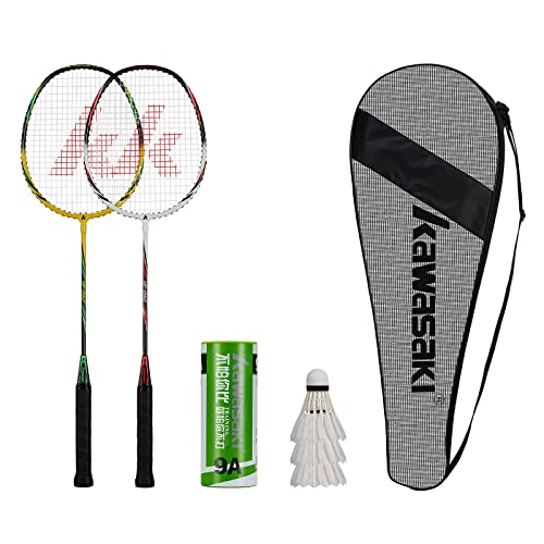 Badminton Rackets Set Of 2 For Training, Sport, Including 2 Kawasaki Badminton Racket, 3 Badminton Birdies Feather,1 Badminton Bag Large (Yellow Green/White Red) #TOP2
