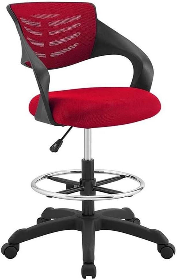 Pemberly Row Ergonomic Adjustable Swivel Drafting Chair, Red Mesh Seat, Nylon Frame, Height Adjustable Foot Ring, Extra Tall Cylinder, Modern Design, 43 in Tall Home Office or Studio Chair