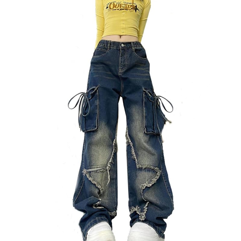 Jeans Uomo Donna Y2K Streetwear - Pantaloni Larghi Con Stampa Teschio, Vita Alta E Tasche Grandi, Unisex - Foto 2