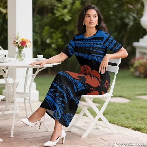 Image of Polynesian Dress for Women Short Sleeve High Waist Maxi Skirt | Puletasi dress, t-shirt and skirt two-piece, elastic material, lightweight, soft, plus size, luau party, wedding, clubwear