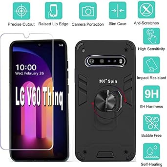 Compatible with LG V60 Thinq/LG V60 Thinq 5G/G9 Thinq Case Black | LG V60 Thinq/LG V60 Thinq 5G/G9 Thinq Case,Screen Protector 360 Degree Rotating Metal Ring Slim Reinforced Soft TPU Silicone