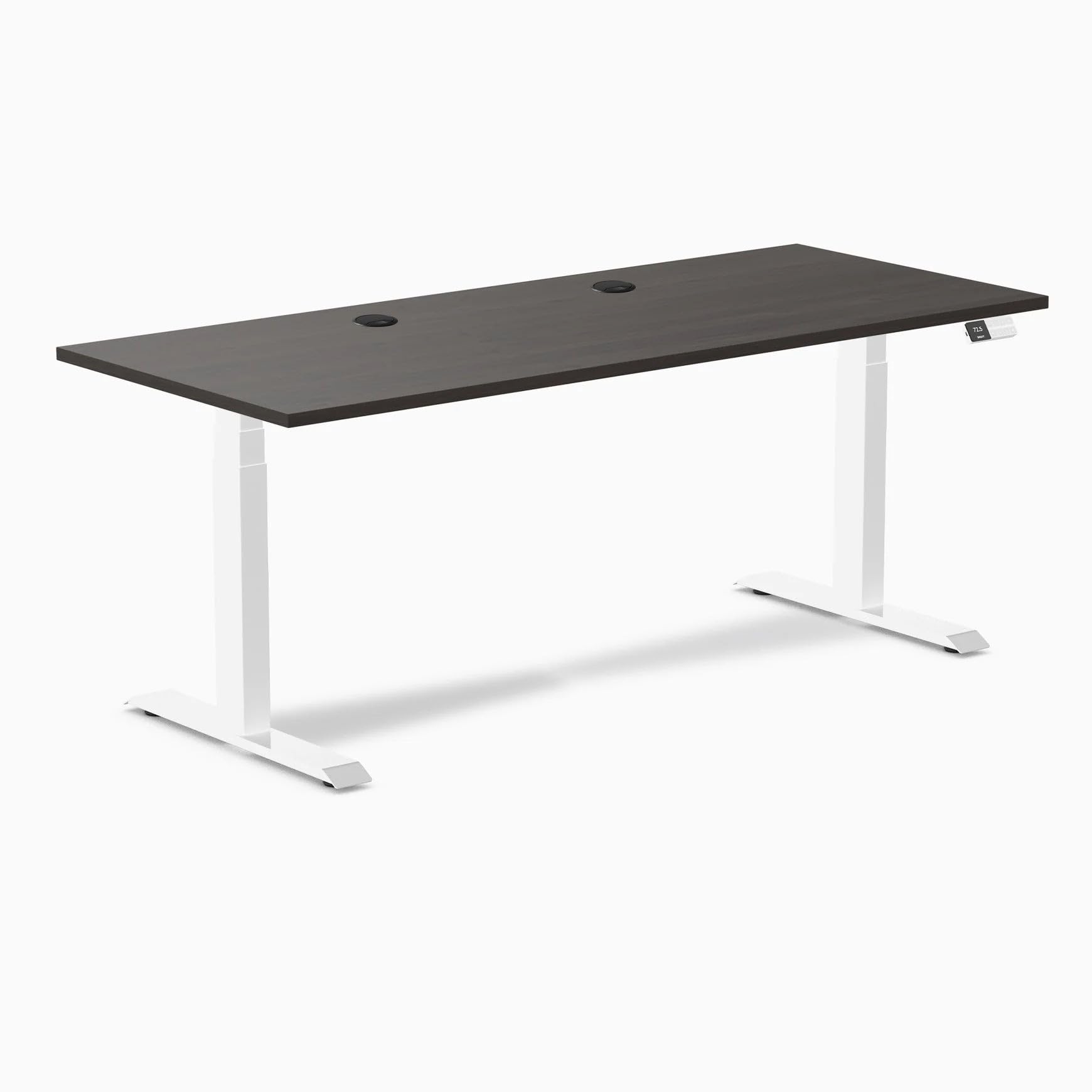 Desky Dual Laminate Sit Stand Desk Burnished Wood 70.9" Grommets White