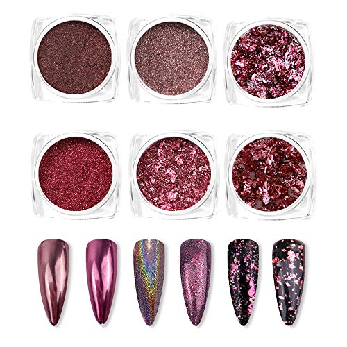 BISHENGYF 6 Boxes Same Color Nail Powder Set, Nail Art Powder Set Including Laser Powder, Magic Mirror Powder, Foil Powder and Mixed Powder with Freely Combined and Matched (Rose Red)