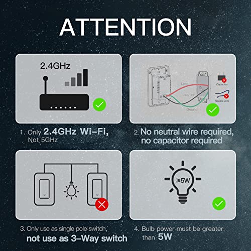Moes Smart Switch No Neutral Required, Smart Light Switch, No Capacitor, No Hub Required, 2.4Ghz Wi-Fi Single Live Wire, Tuya Smart Life App Control Work With Alexa Google Assistant, Min Load 5W White #TOP1