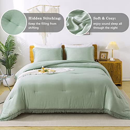 Andency Sage Green Tassel Comforter Set King(104X90Inch), 3 Pieces(1 Boho Comforter, 2 Pillowcases) Farmhouse Shabby Chic Comforter Set, Soft Microfiber Lightweight Fringe Bedding Comforter Set #TOP6