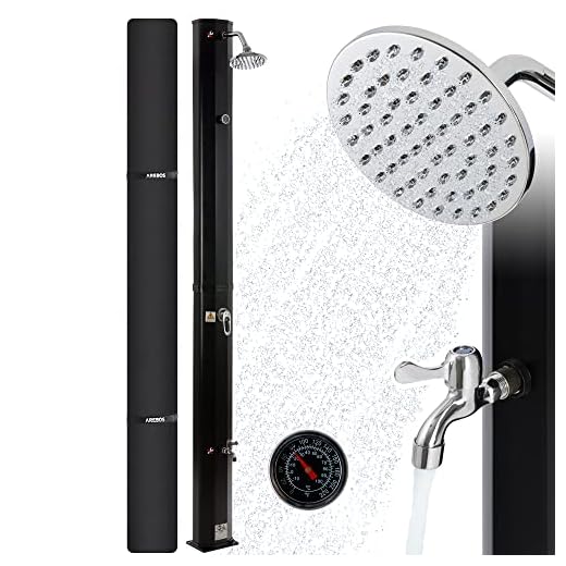 Arebos Ducha Solar | 35 Litros | 216Cm | Con Termómetro Integrado | Incl.portada | Cabezal De Ducha Redondo | Con Ducha De Pies | Ducha De Jardín Con Conexión Para Manguera De Jardín | Negro