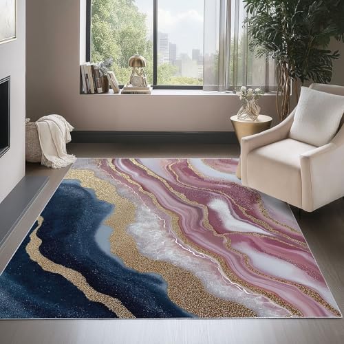 Tapis de salon doux bleu poudré au motif abstrait élégant et finitions haut de gamme