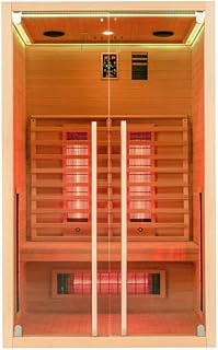 Infrarotkabine 2–3 Personen | Ganzglastür Klarglas | 120x100x195cm | Rubystrahler 1,5kW | Infrarot Sauna für Zuhause | Wärmekabine Holz natur | Fronteinstieg | Indoor Infrarotkabine