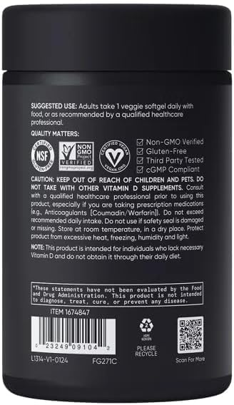 Sports Vitamin D3 K2 with 5000iu of Plant-Based D3 & 100mcg of Vitamin K2 as MK-7, Non-GMO Verified & Vegan Certified - 160 Liquid Softgels